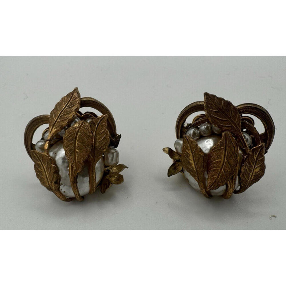 Vintage Miriam Haskell Leaf Faux Pearl Screw Back Earrings Gold Tone